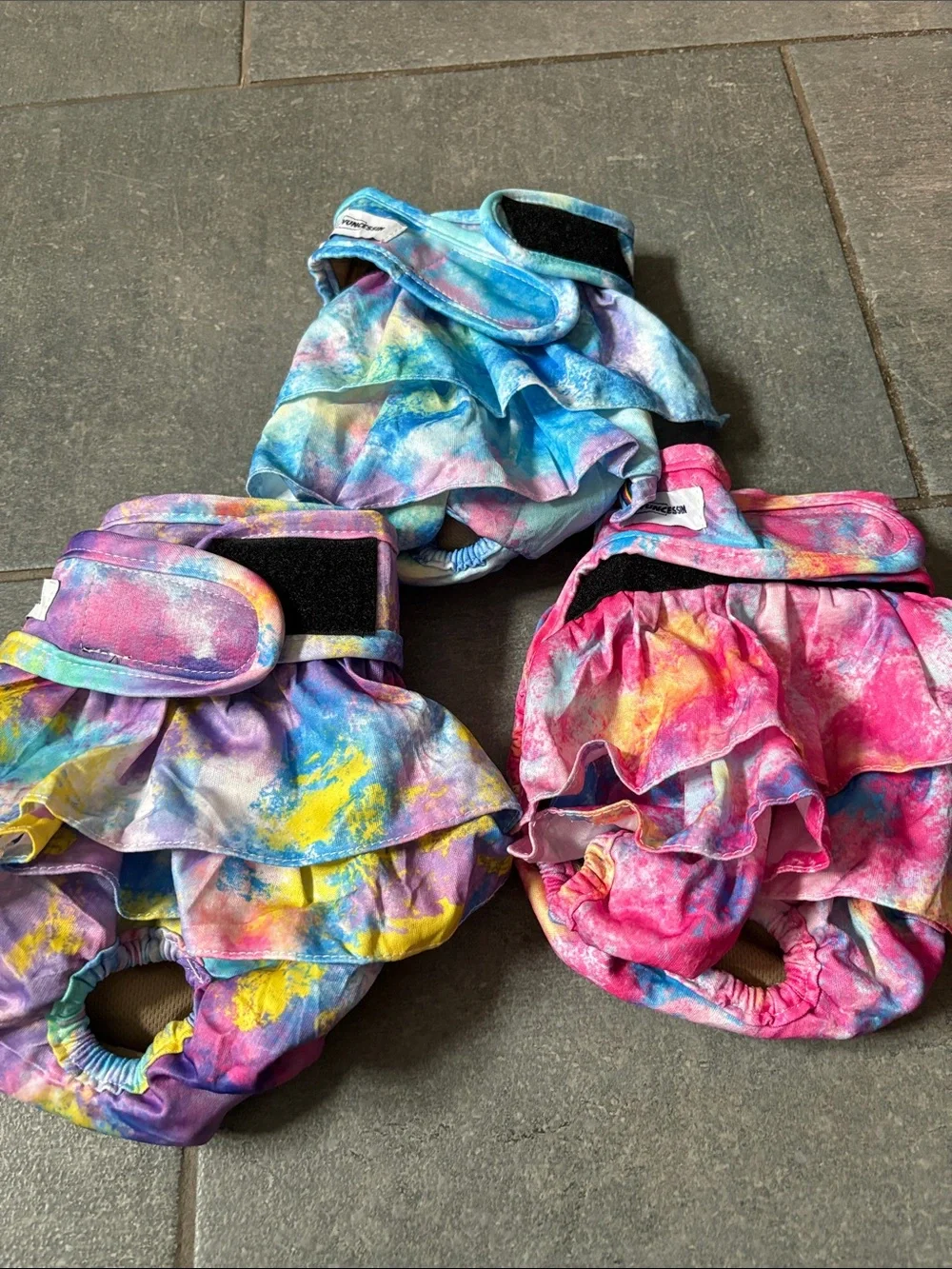 3 Colorful Tie-Dye Ruffle dog Diaper Covers - Pink, Blue & Purple